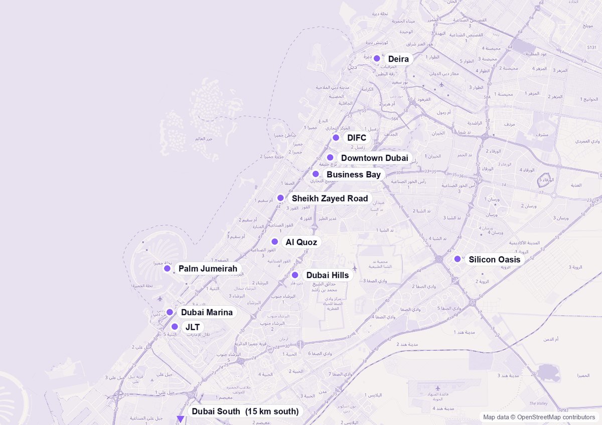 Map of Dubai showing the twelve districts Mediaupshift works across